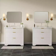 Conjunto de tocador de baño moderno estriado con lavabo de cerámica integrado, mueble de baño independiente con 3 cajones para baño contemporáneo
