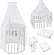 Cuna ovalada evolutiva Waldin, set completo 7 en 1, cuna de barrotes, cama infantil con colchón, cambiador, cuna colecho, madera blanca
