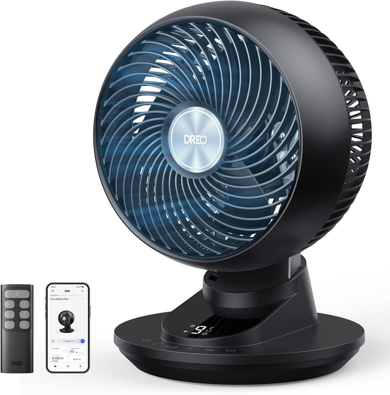 Ventilador de mesa 3D DREO muy silencioso 22 dB, ventilador pequeño con mando a distancia, flujo de aire potente de 8,8 m/s, oscilación de 90°, control por aplicación y voz, 9 niveles, temporizador de 8/12 h para dormitorio y oficina