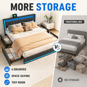 Cama tapizada BRILVERDE 160x200 con almacenamiento, cama doble con USB/LED, cama juvenil con 4 cajones, estructura de cama con somier y cabecero, lino (gris, 160 x 200 cm)