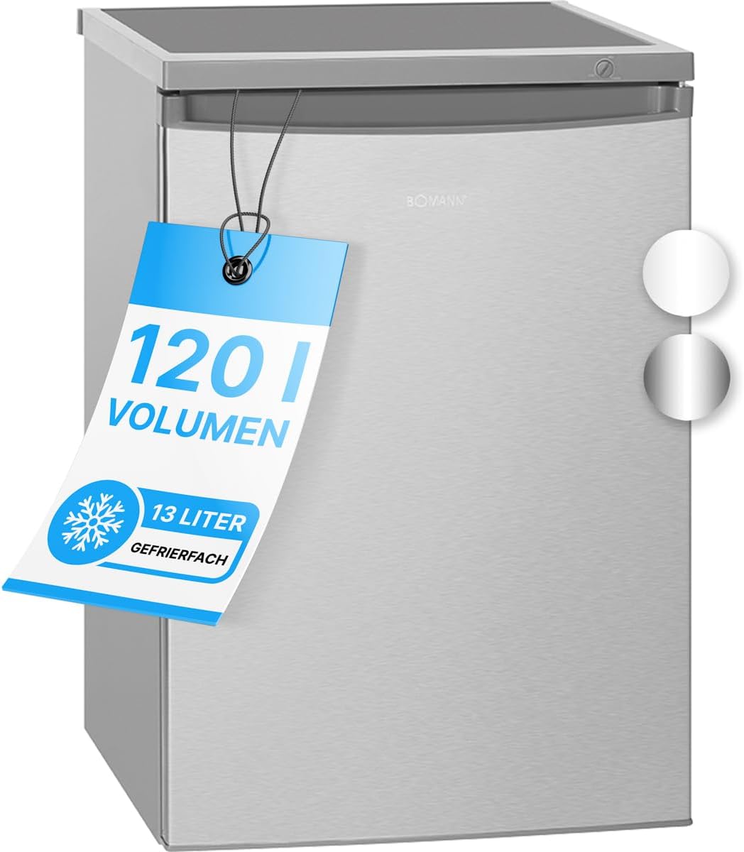Frigorífico con congelador Bomann® | Frigorífico pequeño con 120L de capacidad útil | Refrigeración 107L y congelación 13L | Nevera con 3 estantes en la puerta y 2 estantes de cristal | Bisagra de puerta reversible | KS 2184.1 inox