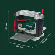Regruesadora metabo DH 330, portátil, 1800 W, cuchillas HSS, capacidad de paso 330 x 152 mm, boquilla de aspiración, empujador de material