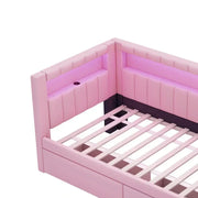 Cama con plataforma tapizada con puertos USB e iluminación LED - Base de cama matrimonial/individual con 2 cajones de almacenamiento - Dormitorio moderno