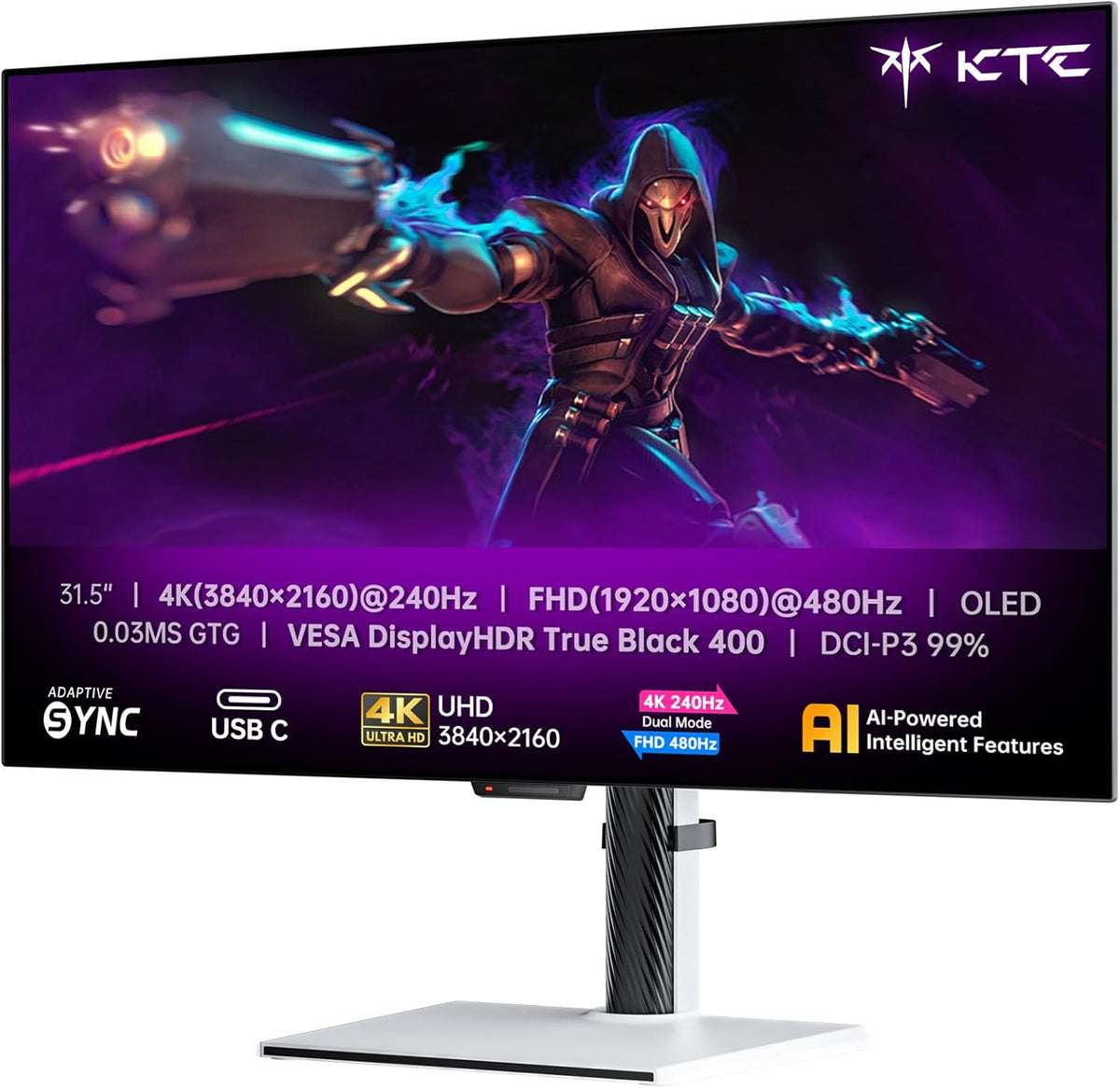 Monitor OLED 4K de 32 pulgadas KTC, monitor de PC para juegos de modo dual 4K a 240 Hz / 1080P a 480 Hz, tiempo de respuesta de 0,03 ms, FreeSync/G-Sync, HDR True Black 400, HDMI 2.1, DP 1.4, USB-C de 65 W, 3 USB-A 3.0, KVM