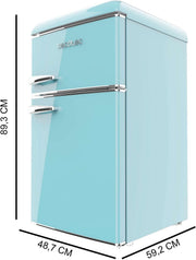 Mini refrigerador Cecotec 2 puertas retro 86L Bolero CoolMarket 2D Origin 86 Blue E, 89,3 cm alto y 48,7 cm ancho, congelador, clase energética E, Total No Frost, luz interior y tirador cromado, azul