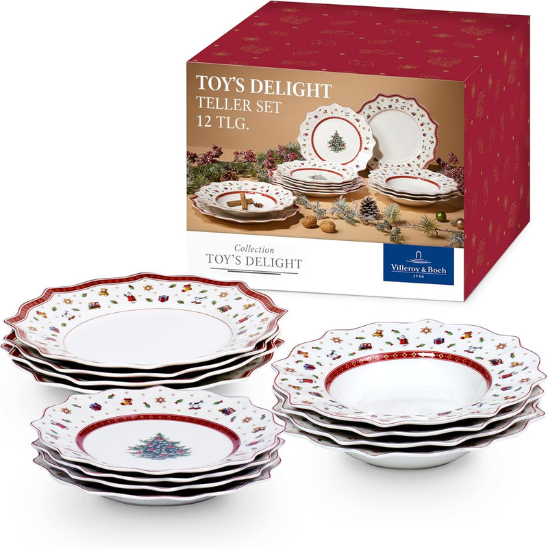 Villeroy & Boch – Toy's Delight Vajilla de Navidad de 12 piezas, set de platos navideños Toys, vajilla navideña, servicio de Navidad para 4 personas, platos llanos, platos hondos, platos de desayuno, porcelana