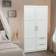 Armario de madera blanca con puertas, cajones y barra para colgar