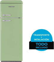 SCHNEIDER SCDD208VVA, Frigorífico de 2 puertas, 211L (172+39), Frío estático, Descongelación automática, 3 estantes de cristal, Termostato regulable, Patas ajustables, Verde almendra