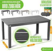 KESSER® Gartentisch 156x78cm für bis 6 Personen Esstisch Wetterfest & UV-Beständig | Outdoor Tisch mit pulverbeschichteter Stahl-Gestell & Kunststoff Tischplatte in Holz-Optik inkl. 6 Filz-Untersetzer