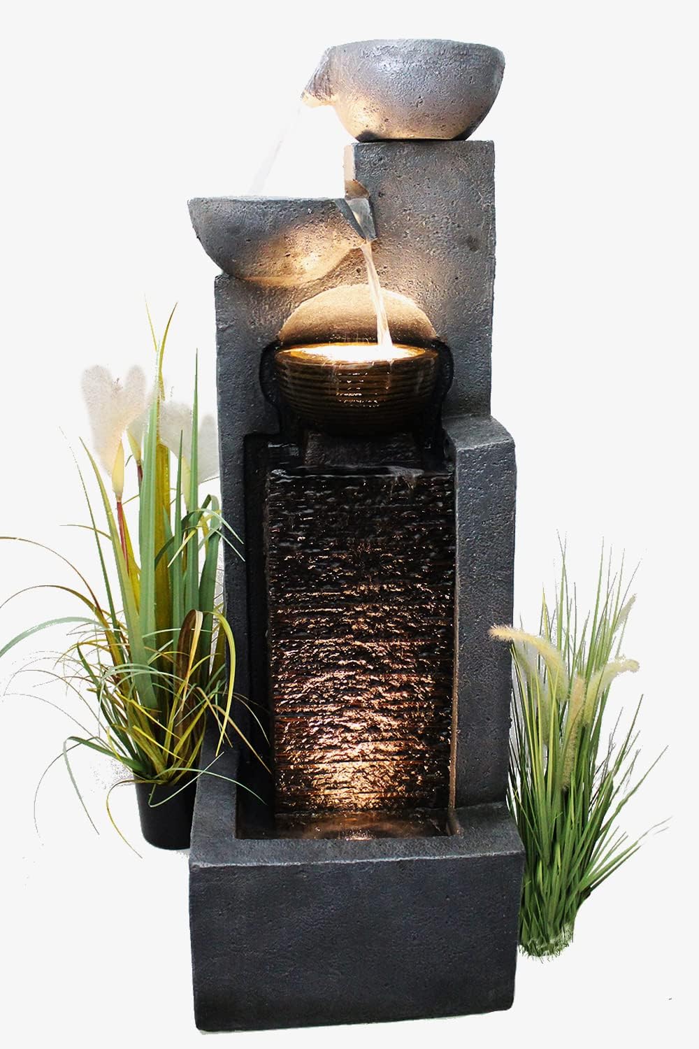 Arnusa Gran fuente de jardín con iluminación LED, fuente en cascada, juego de agua, decoración de jardín, negro, gris