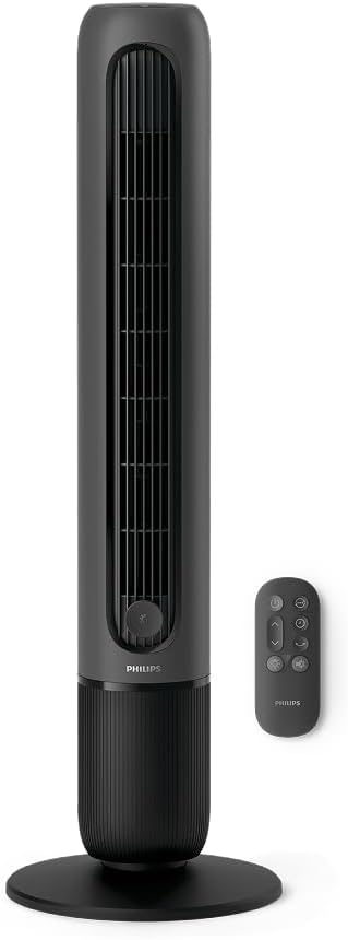 Ventilador de torre Philips serie 5000. Potente flujo de aire de 8,0 m/s, ultra silencioso de 24 dB, bajo consumo energético, mando a distancia, 5 niveles de velocidad, modo sueño, temporizador de 9 h, oscilación de 80° (CX5540/01)