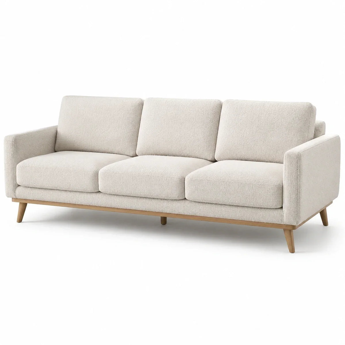 Sofá de 3 plazas de bouclé beige con patas de madera de roble