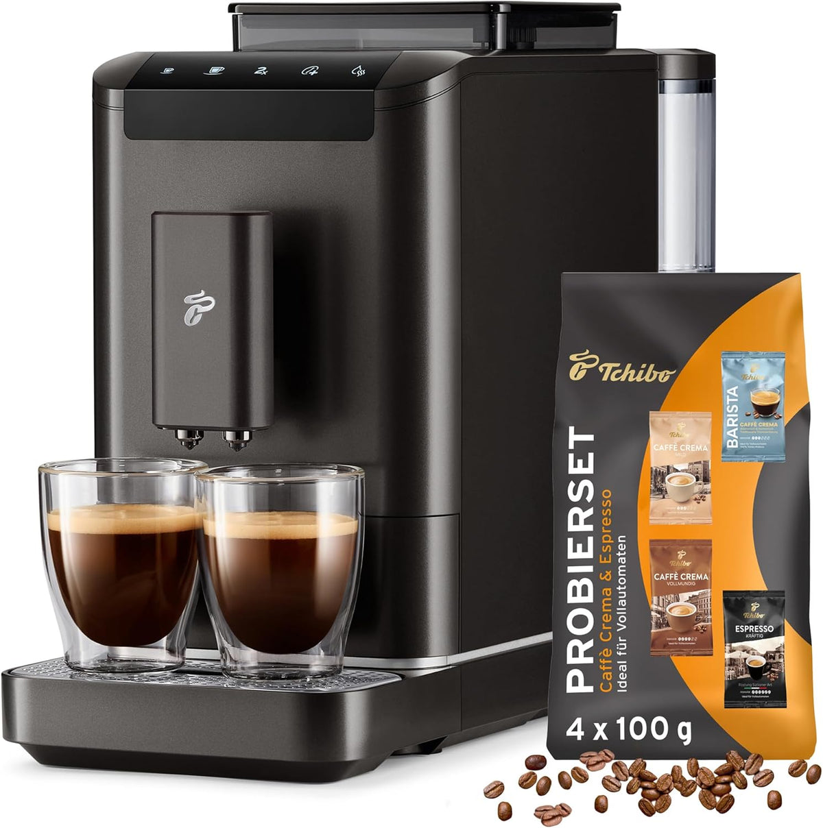 Cafetera superautomática Tchibo Esperto2 Caffè con función para 2 tazas para Caffè Crema y Espresso, Granite Black - INCLUYE set de degustación de café GRATIS