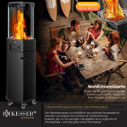 KESSER® Calentador de gas 4/8 kW, encendido piezoeléctrico + regulador de presión de gas + funda, ruedas 360°, protección antivuelco, estufa de terraza, calentador de gas para exteriores, chimenea móvil, calefactor, negro