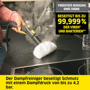 Limpiadora de vapor Kärcher SC 5 EasyFix con función de agua caliente, presión de vapor: 4,2 bar, tiempo de calentamiento: 3 min, superficie: aprox. 150 m², depósito: 0,5 l + 1,5 l, incl. kit de limpieza de suelos EasyFix y boquillas