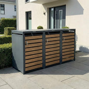 Cubo para basura Metzler en antracita y efecto madera, 3 compartimentos de 240 L, revestimiento para 3 cubos de basura, acero con recubrimiento en polvo resistente a la intemperie con tapa automática, bloqueable, arcón para jardín y basura
