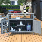 Isla de cocina para exteriores con cubierta de acero inoxidable, carrito de cocina de madera con puertas, estantes y especiero, isla de cocina con ruedas