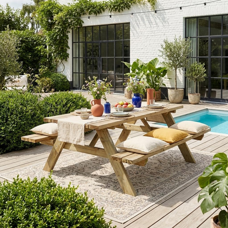 Alice's Garden - Mesa de pícnic de madera de pino + 2 bancos plegables de madera. 6 plazas - PANCHINA - Mesa de jardín robusta de pino silvestre
