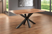 Mesa de comedor con borde natural SAM Spyro 140 x 80 cm, madera de acacia maciza en color natural, mesa de comedor con base de metal tipo araña en negro mate, tablero de 26 mm