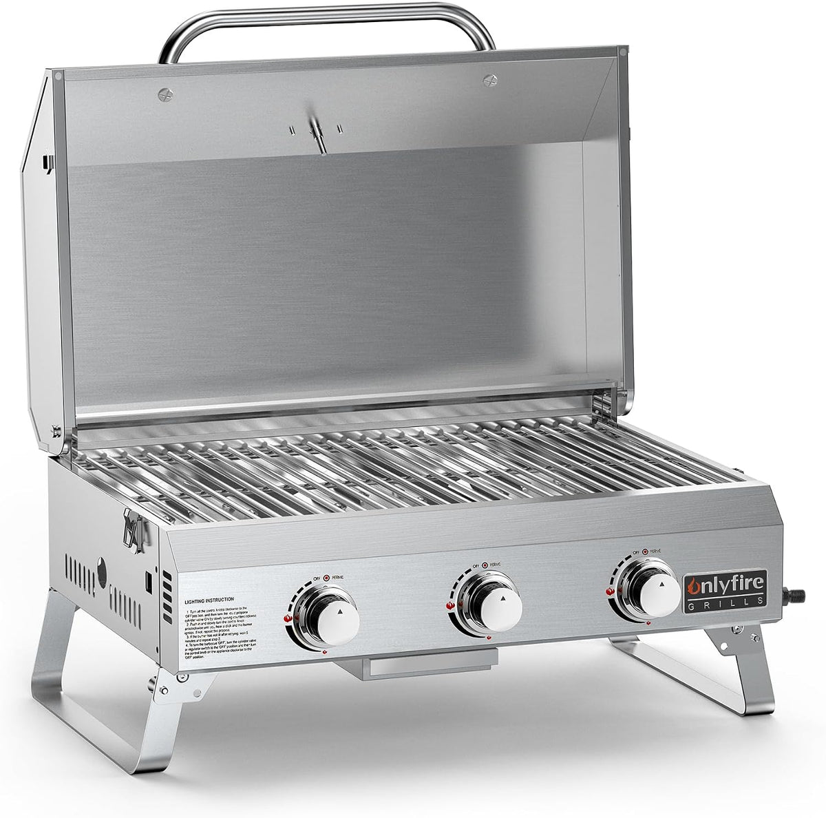 Onlyfire Parrilla de gas portátil de 3 quemadores | Parrilla de mesa con rejilla | 7 kW | Superficie de cocción 56,5 × 34 cm | con termómetro, tapa | Patas plegables | Parrilla de camping para terraza, balcón y jardín