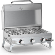 Onlyfire Parrilla de gas portátil de 3 quemadores | Parrilla de mesa con rejilla | 7 kW | Superficie de cocción 56,5 × 34 cm | con termómetro, tapa | Patas plegables | Parrilla de camping para terraza, balcón y jardín