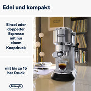 De'Longhi Dedica Style EC 685.M – Cafetera espresso de bomba tradicional, con espumador de leche profesional, solo 15 cm de ancho, para café molido o monodosis ESE, depósito de 1 l, plata