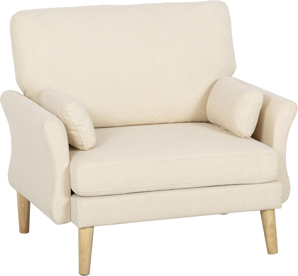 HOMCOM Sillón lounge con asiento de 83 cm, reposabrazos, sillón tapizado con cojín, aspecto de terciopelo, acolchado grueso, sillón relax con patas de madera para salón, dormitorio, crema