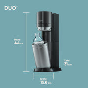 Gasificadora de agua SodaStream DUO Comfort-Set con cilindro de CO2 Quick-Connect | incl. 2 botellas de vidrio de 1 L, 2 botellas de plástico FUSE de 1 L (aptas para lavavajillas) y escurridor de botellas | Color: Titanio