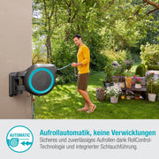 Caja portamanguera de pared Gardena RollUp XL (turquesa) 35 m: riego flexible para jardines grandes, caja portamanguera orientable, incluye manguera de calidad Gardena de 35 m y accesorios de montaje (18630-20)