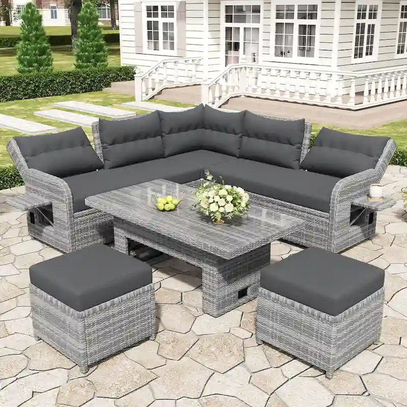Conjunto de sofá seccional de ratán para exteriores con mesa ajustable y sillones reclinables