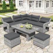 Conjunto de sofá seccional de ratán para exteriores con mesa ajustable y sillones reclinables