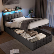 Marco de cama 90x200, cama boxspring con LED, cama individual con almacenamiento, cama tapizada hidráulica con almacenamiento, cama funcional, cama juvenil con USB, cama tapizada para 1 persona (gris + lino)