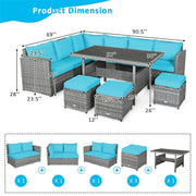 Conjunto de muebles de comedor para patio de 7 piezas de ratán con sofá seccional, mesa de comedor, otomanas y cojines