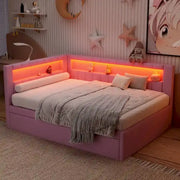 Cama con plataforma tapizada con puertos USB e iluminación LED - Base de cama matrimonial/individual con 2 cajones de almacenamiento - Dormitorio moderno