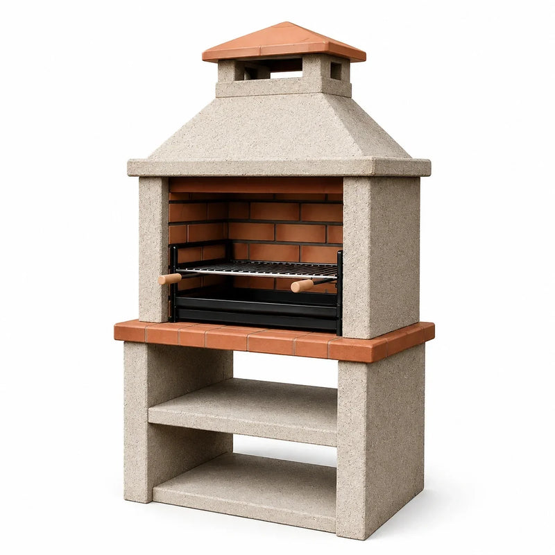 Chimenea de jardín de ladrillo y hormigón con parrilla