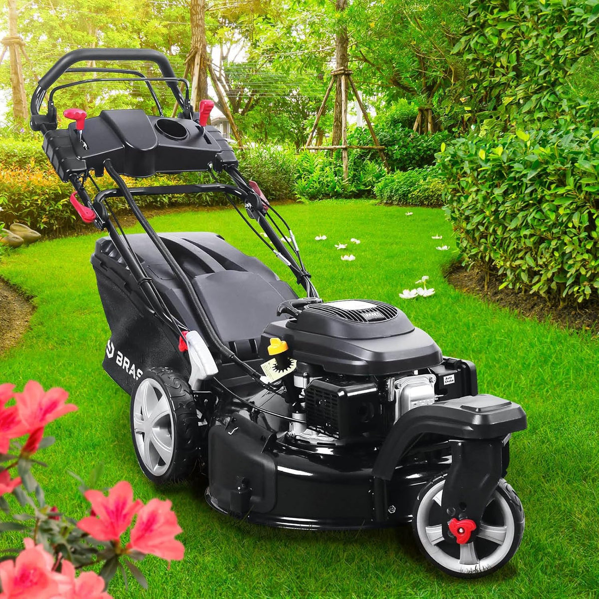Cortacésped de gasolina BRAST® Trike con tracción | 5,2kW (7CV) | 53cm de ancho de corte | muchos modelos | TÜV | motor OHV de 4 tiempos | 30-80mm de altura de corte | 60L de saco de recogida | carcasa de acero | velocidad