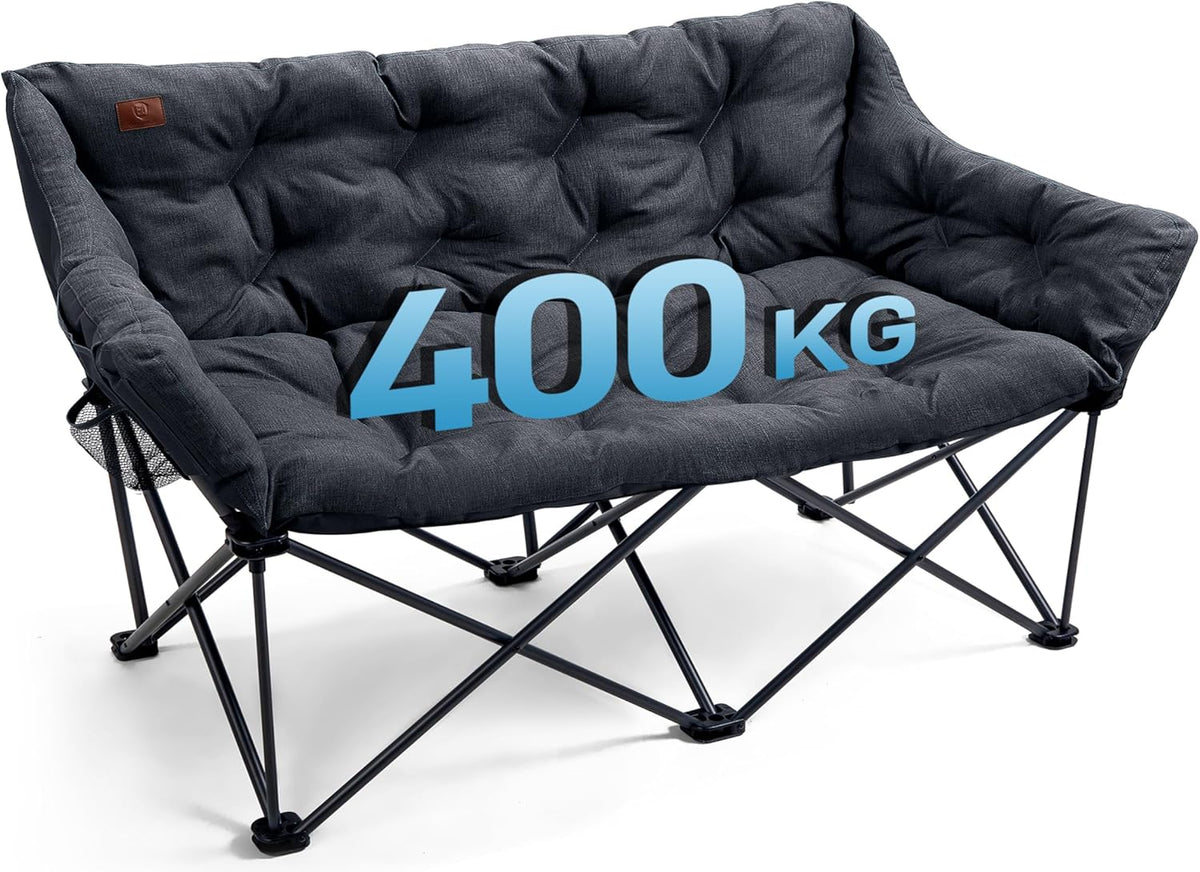 EVER ADVANCED Silla de camping plegable, 145 cm de ancho para 2 personas, sofá plegable con capacidad de 400 kg, sofá de camping acolchado grueso, silla plegable de 2 plazas, respaldo alto, extra ancha para exteriores, jardín, balcón e interiores