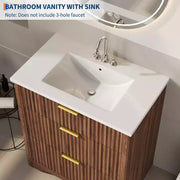 Conjunto de tocador de baño moderno estriado con lavabo de cerámica integrado, mueble de baño independiente con 3 cajones para baño contemporáneo