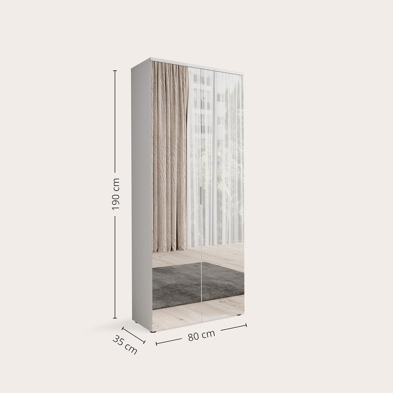 Armario zapatero alto LINCOLN con puertas de espejo, blanco - Armario multiusos versátil con 11 estantes ajustables - 80 x 190 x 35 cm (ancho/alto/fondo)