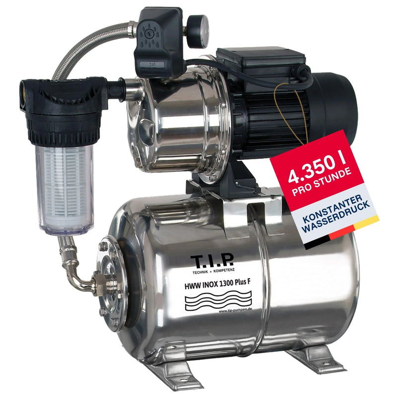 Sistema de agua doméstica T.I.P. HWW INOX 1300 Plus F, 1200 W, bomba Jet, 4350 l/h, altura de elevación 50 m, depósito a presión, prefiltro, libre de mantenimiento