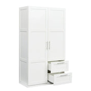 Armario de madera blanca con puertas, cajones y barra para colgar