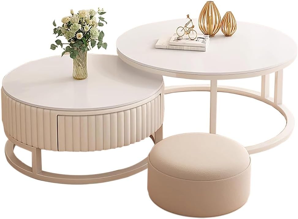 Juego de 2 mesas de centro redondas modernas con almacenamiento, mesa de salón redonda, mesas nido de 70 cm + 50 cm para dormitorio y sala de estar
