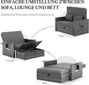 Conjunto de salón de jardín de ratán Amopatio, sofá de jardín de 2 plazas con arcón y respaldo ajustable, muebles de salón resistentes a la intemperie para balcón y terraza con taburete y cojines, gris