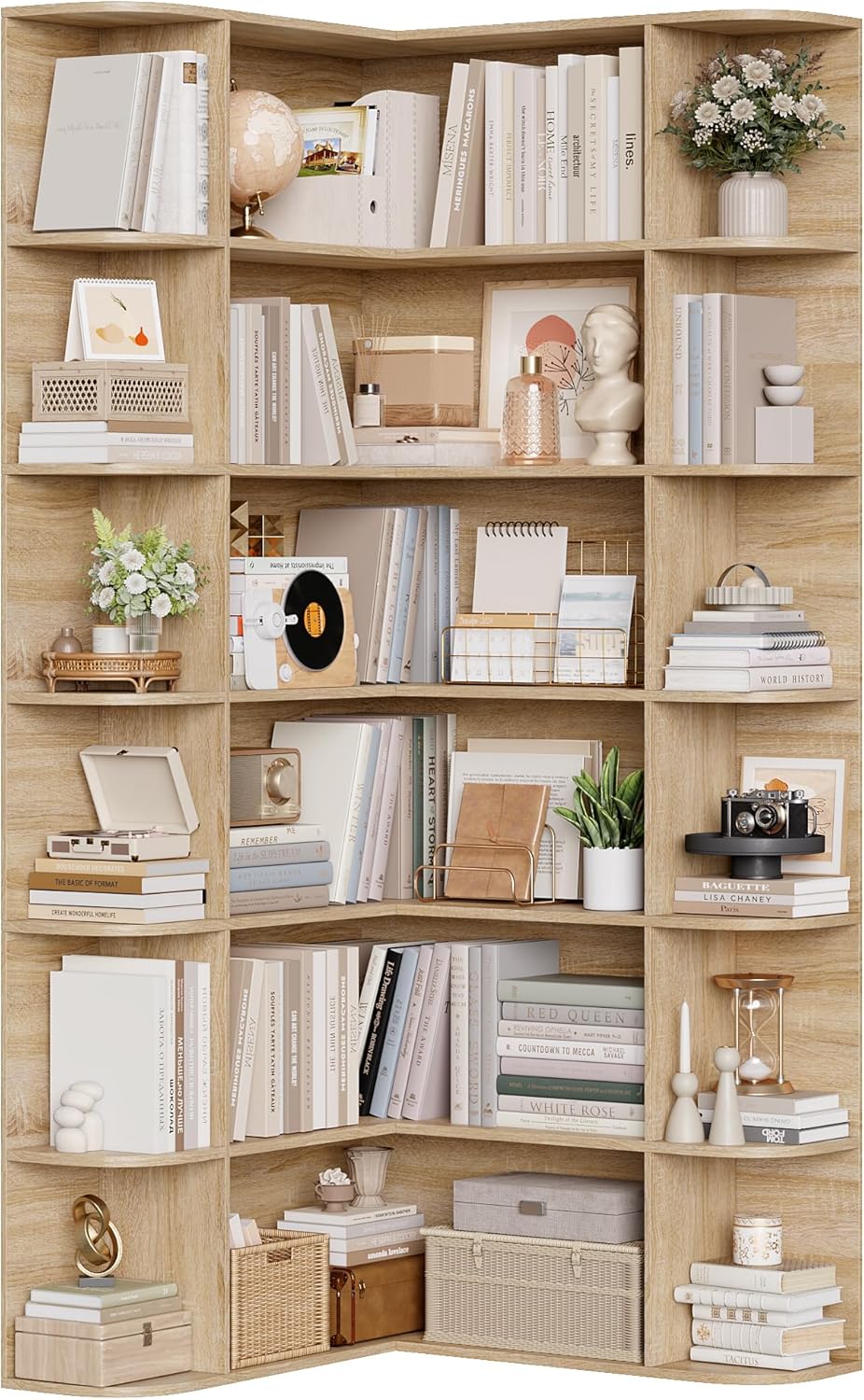 Estantería esquinera de pie FirFurd de 185 cm, librería rinconera con 6 niveles, armario esquinero en forma de L, vitrina de esquina para despacho, salón o cocina, 80 x 84 x 185 cm, roble