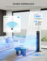Ventilador silencioso GoveeLife, 12 velocidades de hasta 8 m/s, 5 modos, temporizador de 24 horas, ventilador de torre inteligente con oscilación de 150°, control por voz y aplicación para el hogar, negro