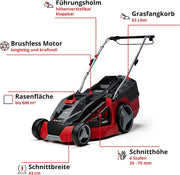 Cortacésped inalámbrico Einhell GE-CM 43 Li M Kit Power X-Change (36 V, ancho de corte de 43 cm, hasta 600 m², sin escobillas, kit de mulching, cesta colectora de 63 L, altura de corte de 25-75 mm, incl. 2 baterías de 4,0 Ah + 2 cargadores)