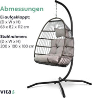 Sillón colgante con soporte, cesta tipo huevo, mecedora de ratán, diseño para interior y exterior, capacidad de carga de 150 kg, gris