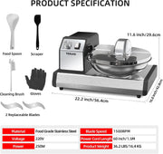 Procesador de alimentos comercial, picadora de carne de alta resistencia de 250W con 1500 RPM, tazón de acero inoxidable de 5,7L y temporizador de 0-15 min, picadora de verduras eléctrica y batidora