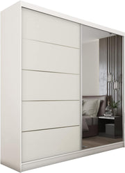 Armario MEBLINI con espejo, 2 puertas - Armario de puertas correderas con barra para ropa - Armario de dormitorio con estantes - Armario - MAKIRA - 200 cm - Blanco/Blanco + Espejo