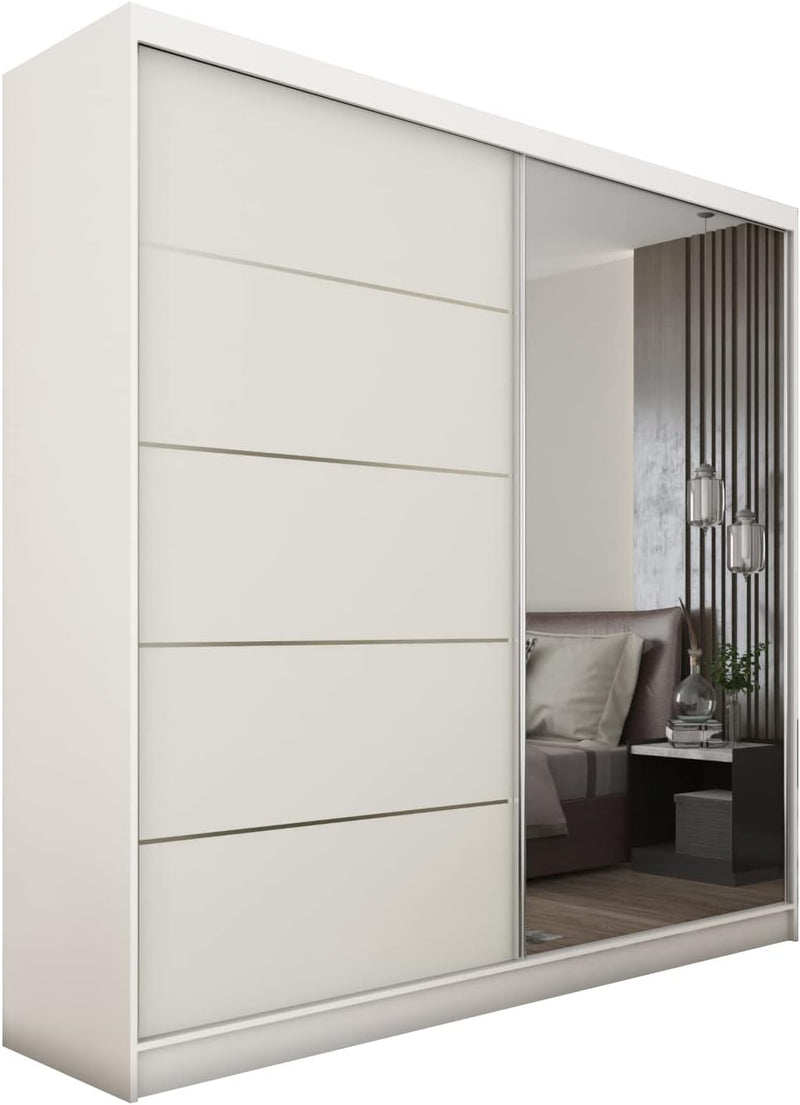 Armario MEBLINI con espejo, 2 puertas - Armario de puertas correderas con barra para ropa - Armario de dormitorio con estantes - Armario - MAKIRA - 200 cm - Blanco/Blanco + Espejo